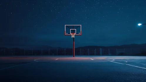 Solitary basketball hoop under nocturnal urban skylight glow