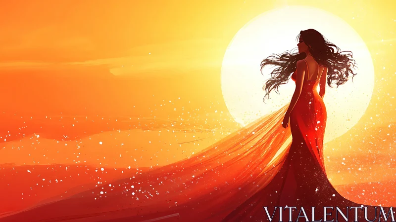 Sunlit woman in a flowing red dress embracing the glow.