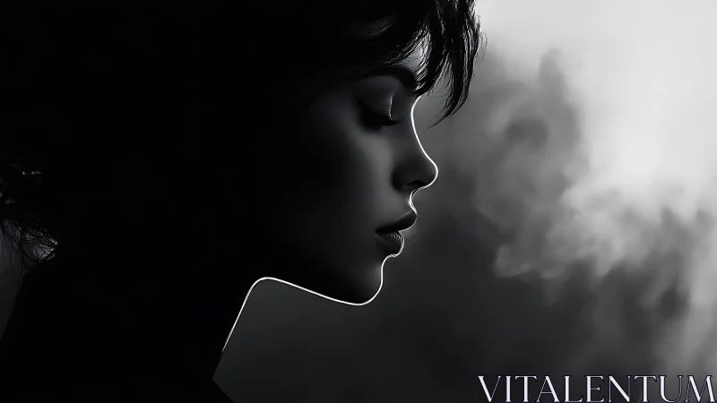 Side-profile portrait shows female face in monochrome light