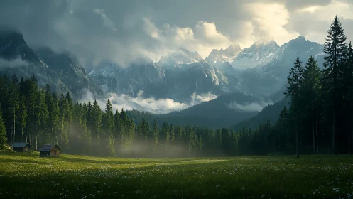 Morning fog tiptoes across a pine valley below brooding peaks