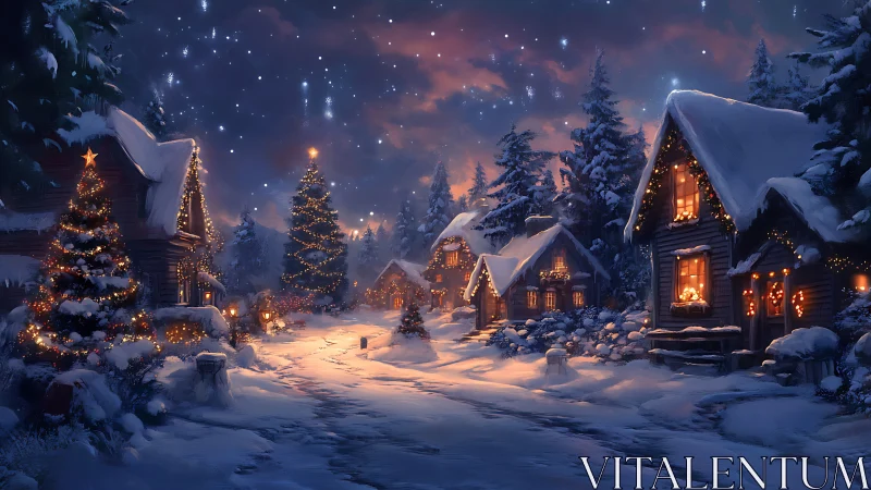 Snowlit Christmas village under glowing winter sky at dusk.