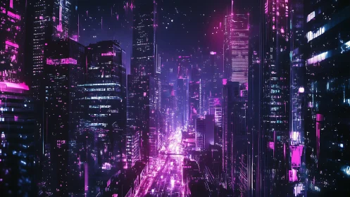 Neon soaked cyberpunk skyline glows over a restless city night