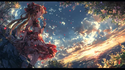 Anime girl on cliff watching vivid sunset sky scene.