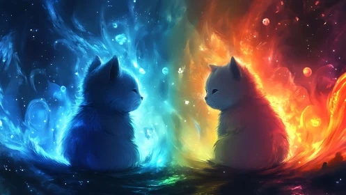 Twin Cats Amid Elemental Energy Realms.