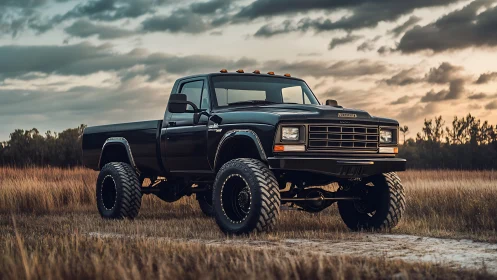 Bold lifted pickup truck waits in golden evening grasslands