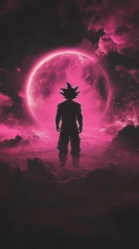 Cosmic warrior silhouetted before a radiant magenta moon.