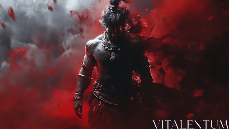 Warrior silhouette emerges through volumetric red smoke field