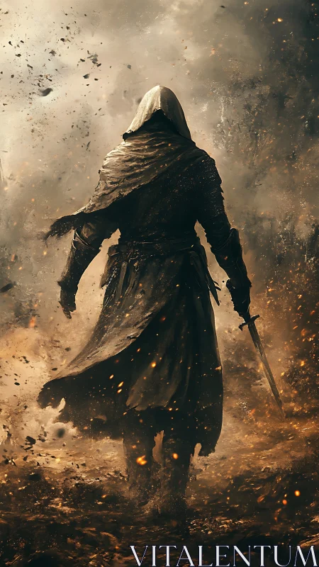 Hooded warrior walks through burning debris with drawn sword