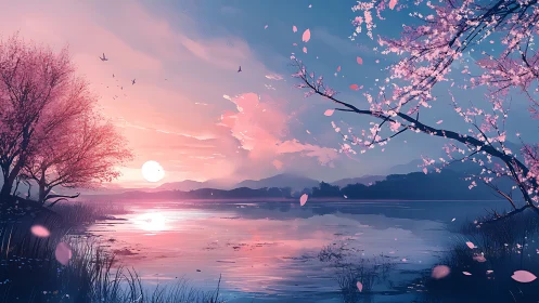 Chromatic lakeside sakura at dusk with atmospheric scattering.