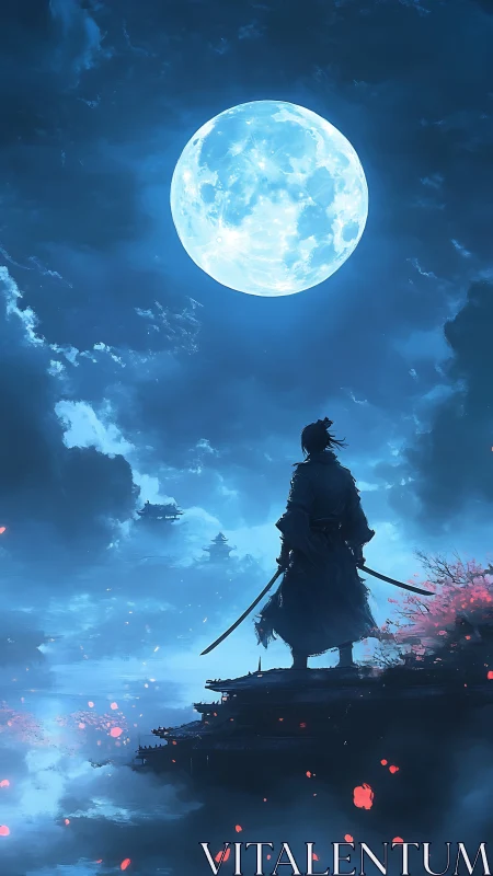 Lunar-illuminated samurai silhouette in atmospheric blue haze.