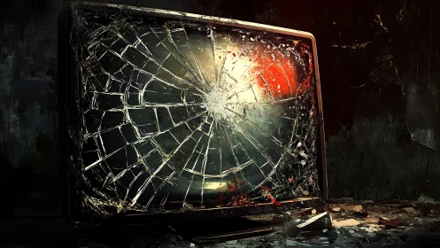Shattered television screen in dark, abandoned interior.