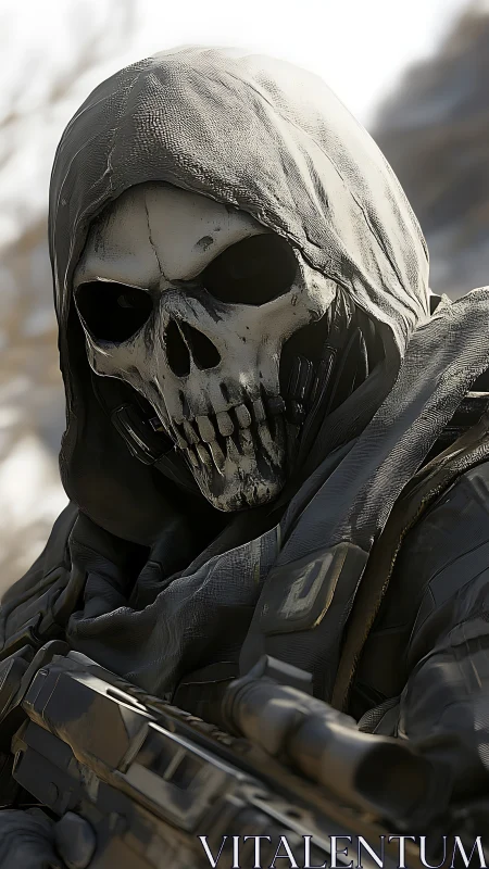 Hooded skull-masked soldier holding rifle in close view.