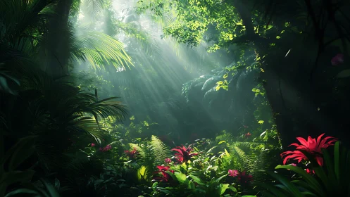 Tropical Forest Interior with Layered Vegetation and Directional Light