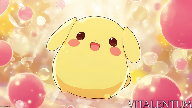 Yellow round character amid floating pink and gold orbs.