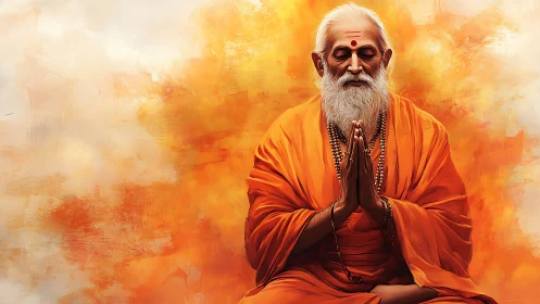 Elderly monk sits in prayer pose before orange abstract field