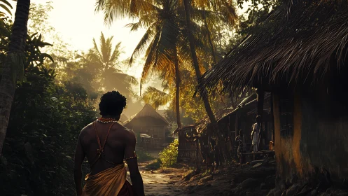 Village path glows under warm tropical sunrise light