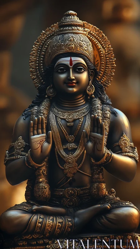 Bronze deity breathes quiet light through ornate golden calm