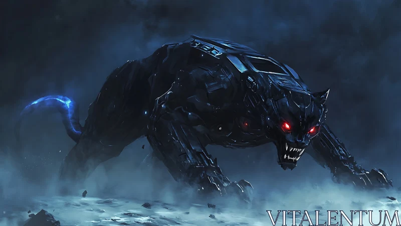 Cybernetic panther unit in low light atmospheric environment.