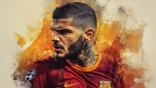 Fiery digital portrait captures intense soccer player focus
