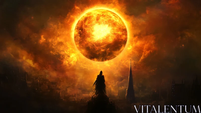 Dark robed figure under burning sun above ruined city.