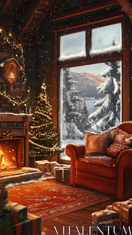Cozy winter cabin interior with glowing fireplace and snow