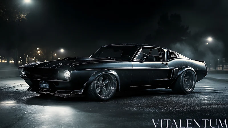 Midnight muscle car glows with sleek power on wet pavement