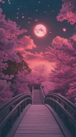 Moonlit arch bridge under ethereal pink sakura canopy.