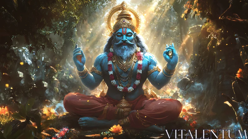 Blue four-armed deity sits meditating in glowing forest