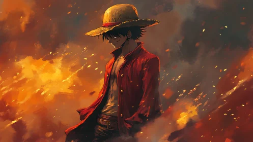 Straw hat anime hero stands amid swirling orange flames.