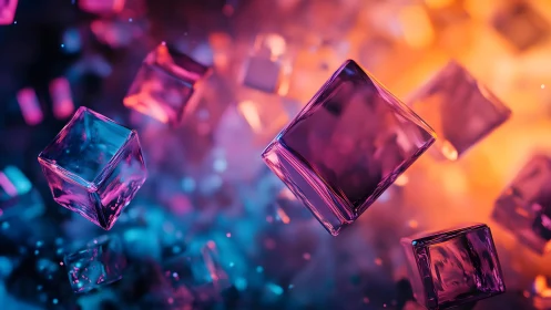 Vibrant 3D Glass Cubes Floating in Abstract Neon Light Scene.