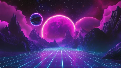 Neon tri-moon boulevard across synthwave alien peaks.