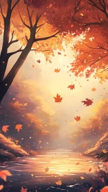 Golden autumn river glows softly beneath falling leaves