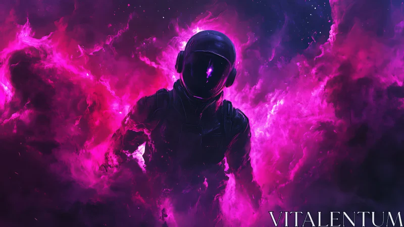 Starlit wanderer strides through neon-magenta cosmic storm.