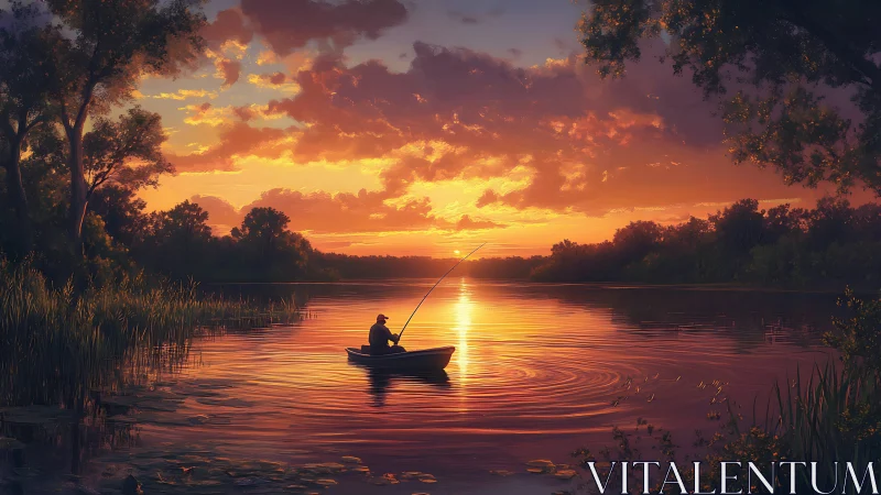 Solitary fisher cradles sunset ripples on a quiet river