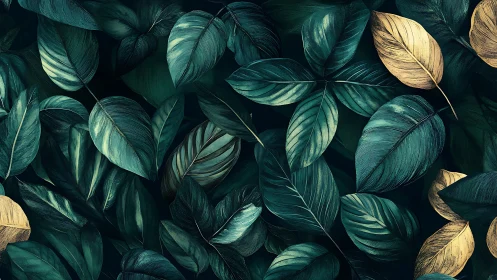 Dense teal and gold tropical leaves pattern artwork.