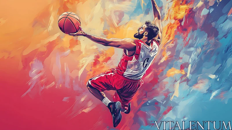 Dynamic basketball player soars through bold painted color