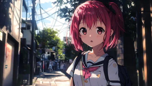 Anime schoolgirl rendered with cinematic lighting in urban alley