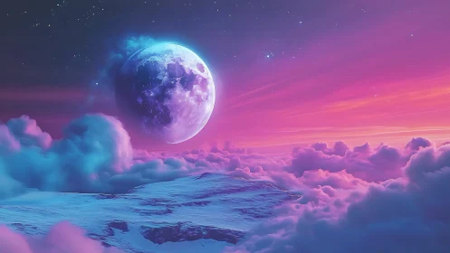 Luminous cosmic moon above pastel clouds and glacier plateau.