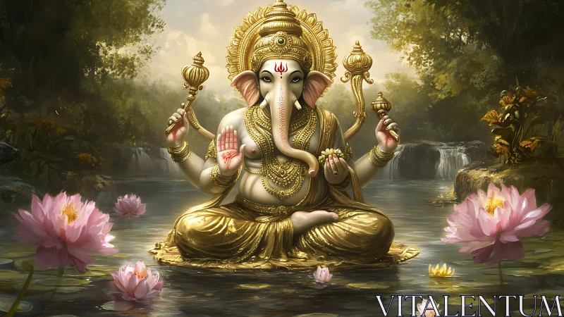 Golden Ganesha meditates over lotus pond in forest glade.