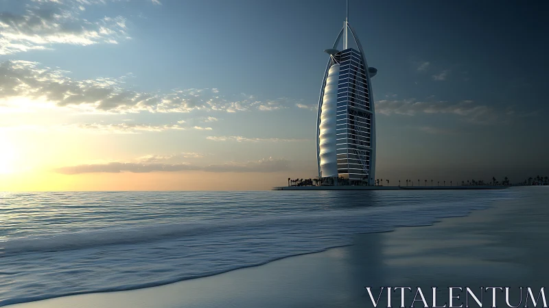 Sail-shaped offshore hotel tower at dusk with reflective facade.