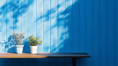 Two sunlit potted plants rest on narrow bench before blue wall