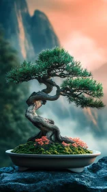 Graceful bonsai tree basking in soft mountain sunset glow.