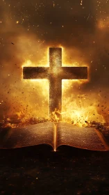 Fiery cross rising above glowing open Bible in flames.