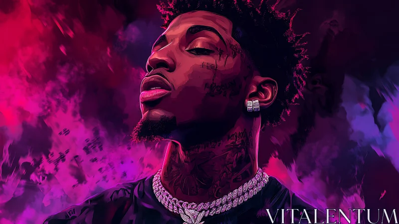 Digital portrait of male figure with jewelry on neon backdrop.