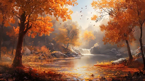 Golden autumn cascade cradles a hush of woodland light.