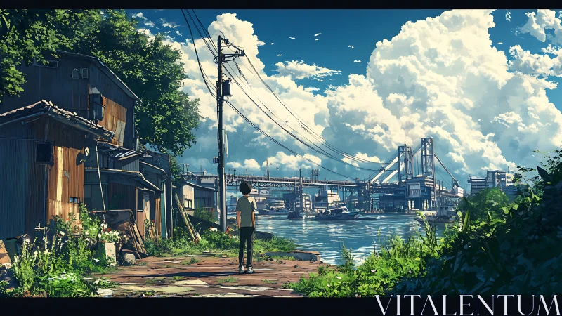 Teen overlooks riverside industrial bridge in summer light.