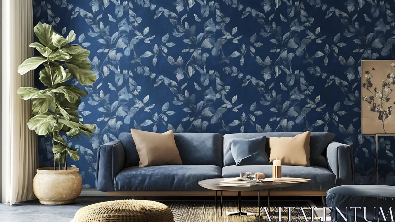 Contemporary living room with blue leaf-pattern feature wall.