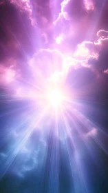 Radial celestial lightburst penetrates violet and cyan cloudscape
