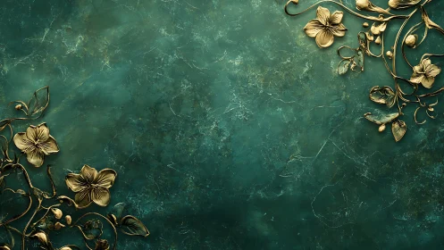 Metallic floral relief elements arranged on teal background