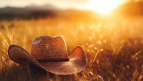Sunset cowboy hat resting softly in golden summer field.